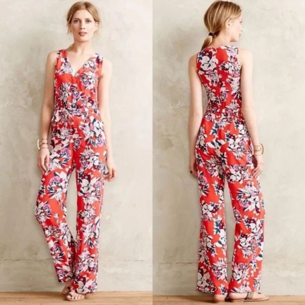 YUMI KIM Red Floral 100% Silk Flower District Sleeveless Pantsuit Size S